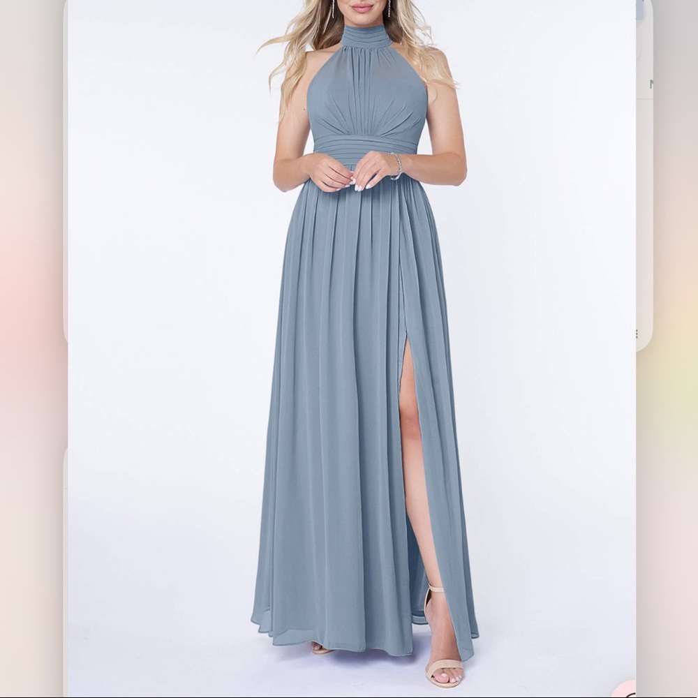 Beautiful dusty blue color gown. Bust 32” waist 25.5”. Size 0